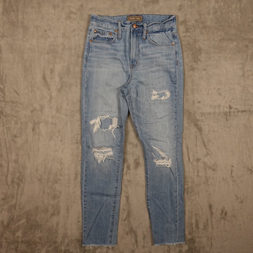 Point Sur denim jeans high rise straight women's 27 tall‎ blue denim distressed